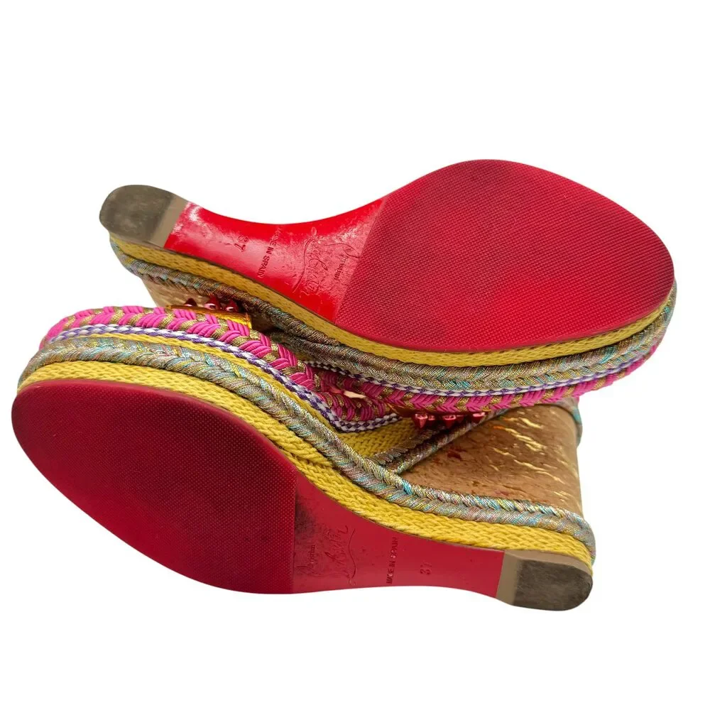 Christian Louboutin Metallic Pink & Gold Spike Embellished Cork Wedge Sandals